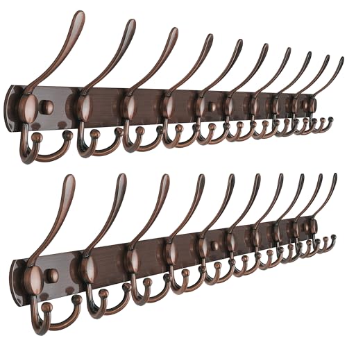 Coat Rack Wall Mount - 38” Long 10-Tri-Hooks Heavy Duty Coat Hanger Rail Wall Hooks for Hanging Coats Hats Clothing Clothes Purse Mudroom Entryway, Antique Copper, Pack of 2 - color: Antique Copper, size: L=38” (2 Pcs)