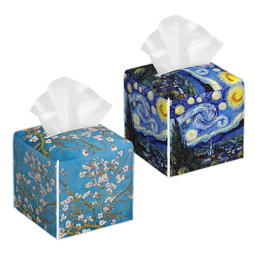 Blossoming Almond Tree,Van Gogh 2 Pcs Tissue Box Cover Square Leather Tissue Case Holder Facial Paper Organizer Decorative for Bathroom Kitchen Car Office Home Decor - color: Blossoming Almond Tree