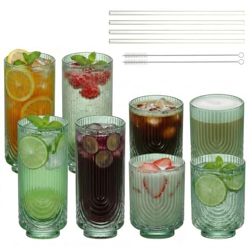 Ribbed Glass Cups with Straws, Green Glass Drinking Cups, Drinking Glasses Set of 8, 13oz Highball & 10oz Water Glasses, Vintage Kitchen Glassware Set for Juice, Coffee, Cocktail, Whiskey - color: Green, size: Arched-Ribbed