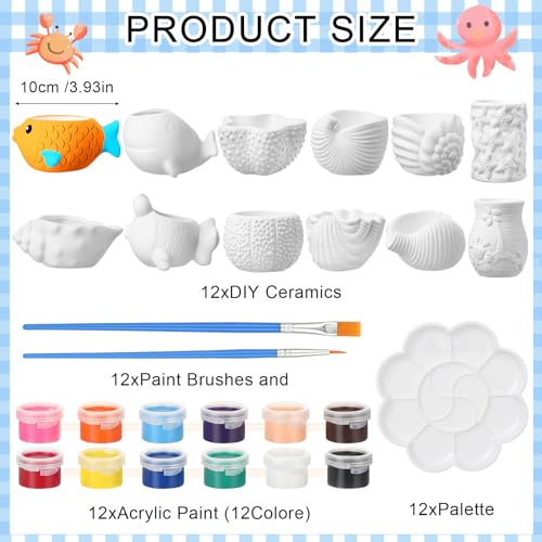 Hushee 12 Sets Ceramic Succulent Planters Paintable Succulent Plant Pots Small DIY Figurines Unpainted Pots with Drainage Hole Color Paints Paintbrushes Palettes - color: Sea Animals