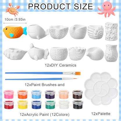 Hushee 12 Sets Ceramic Succulent Planters Paintable Succulent Plant Pots Small DIY Figurines Unpainted Pots with Drainage Hole Color Paints Paintbrushes Palettes - color: Sea Animals