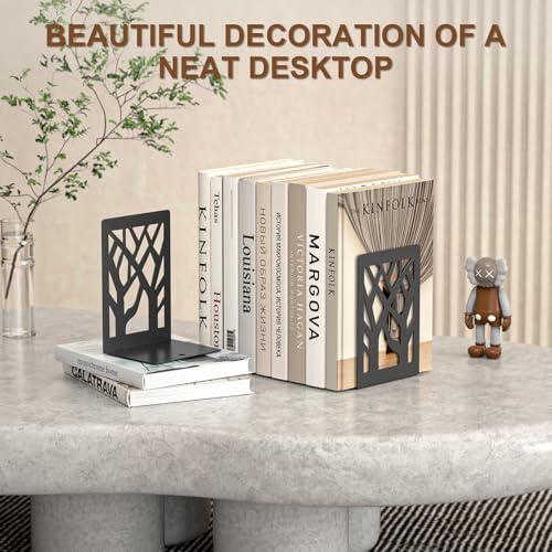 VFINE 4-Piece Modern Metal Bookends for Shelves, Black Tree Book Ends for Books, Decorative Book Organizer for Desk, Non-Skid Shelve Bookends for Home Office - style: Black bookend 2 pairs