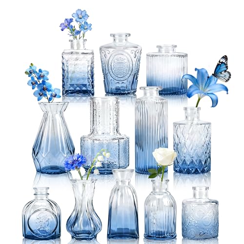 Der Rose 12pcs Glass Bud Vases, Blue Vases for Wedding Centerpieces Decor | Elegant blue finish, intricate textured glass, charming vintage style, durable construction, dining table wedding decor - color: Blue