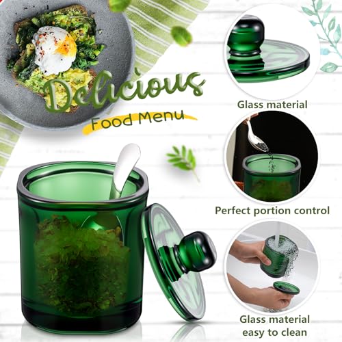 Reallnaive 2 Pack Glass Salt Cellar with Lid and Spoon, 8.7 oz, Green | Storage Container, Wide Opening, Heavy Bottom, Dishwasher Safe, for Countertop Salt, Sugar, Pepper, and Spice Storage - color: Green