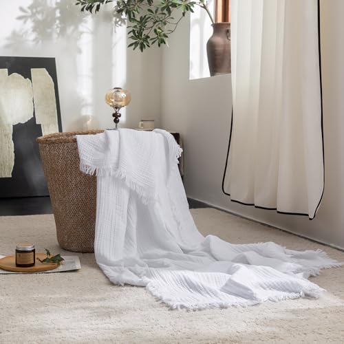 FOSSA Muslin Blanket 4-Layer 100% Cotton Gauze Blanket with Fringe 66"x90" | Super Soft Breathable Lightweight All Season & Decforative Blanket for Bed, Sofa, Office - color: Bright White, size: Twin XL (66" × 90")