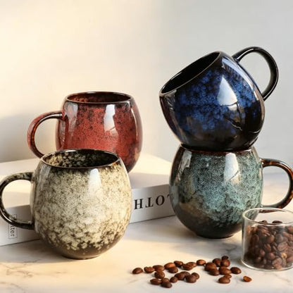 15 oz Ceramic Coffee Mugs Set 4, Tea Cups with Handle, 4 Colors | Colorful reactive glaze drinkware for tea, latte, cappuccino, espresso and matcha, microwave safe for kitchen and gifting.