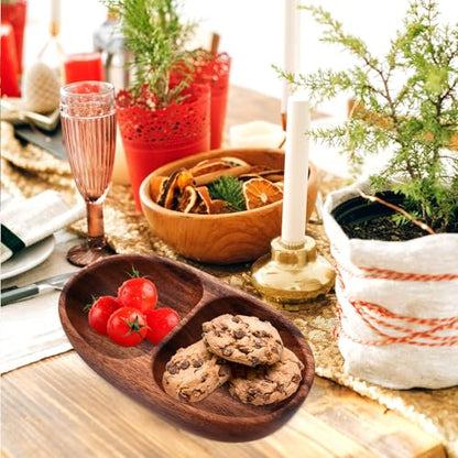 FUOYLOO Divided wood snack and fruit serving bowl, double compartment candy plate, salad bowl container, versatile wooden appetizer tray