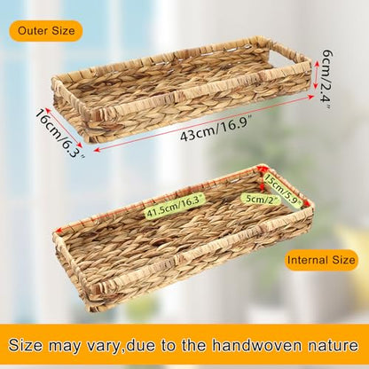 Hipiwe Wicker Toilet Tank Basket 16.9" Woven Bathroom Vanity Basket Tray | Rectangle Baskets Organizer for Long Back of Toilet, Water Hyacinth Decorative Countertop Tray for Paper Hand Towel - size: 16.9" x 6.3" x 2.4"