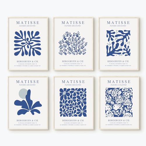 Blue Matisse Wall Art Prints Set of 6 Abstract Aesthetic Canvas Decor Trendy Henri Matisse Wall Art Poster Navy Blue Artwork Flower Market Minimalist Pictures for Room Bedroom 8x10 Inch Unframed - color: Navy Blue Matisse Prints, size: 10"L x 8"W, style:
