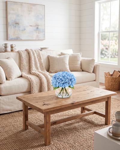 Hydrangea Artificial Flowers with Vase, Real Touch Latex, Blue | Lifelike Faux Water, Nearly Natural Leaves, Durable & Fade-Resistant, Home Office Table Centerpiece Decor - color: Blue