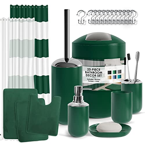 Clara Clark Bathroom Set - Green Bathroom Accessories Set, Bathroom Sets with Shower Curtain and Rugs, 23PC Shower Curtain Set with Liner, Soap Dispenser, Soap Dish, Toilet Brush Holder, and Trash Can - color: Hunter Green, size: Complete Set + Bath Rugs