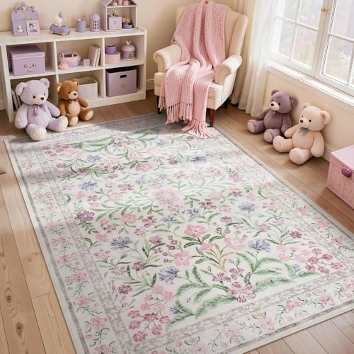 Lahome 6x9 Purple Rugs for Bedroom, Boho Botanical Nursery Dorm Rug | Large Cottage Non-Slip Non Shedding Washable Carpet for Playroom Kids Room Living Room - color: Pale Lilac, size: 6' x 9' (Rectangular)