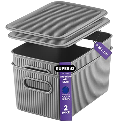 Superio Decorative Lidded Home Storage Bins, Plastic Organizer Baskets, Medium Grey (2 Pack - 5 Liter) Stackable Container Box, for Organizing Closet Shelves Drawer Shelf - size: 2 Pack