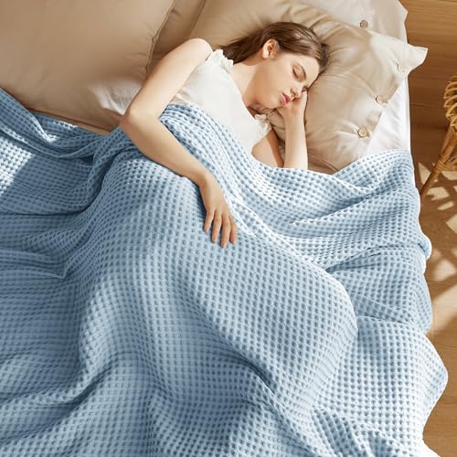 Bedsure Lightweight 100% Cotton Waffle Blanket, Twin XL, Celestial Blue | Summer, Breathable, Soft, Light, Thin, Bed, Couch, Sofa, Chair, 66"x90", Sheet Blanket, Dorm Room Essentials, Guys, Girls - color: Celestial Blue, size: Twin Xl (66" X 90")