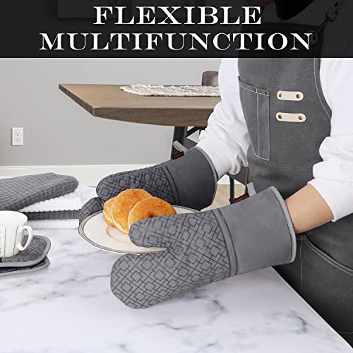 Oven Mitts and Pot Holders Sets 6pcs, Kitchen Oven Glove,High Heat Resistant 550 Degree Extra Long Oven Mitts and Potholders with Non-Slip Silicone Surface for Home Essentials (Grey) (Gray) - color: Gray