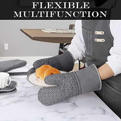 Oven Mitts and Pot Holders Sets 6pcs, Kitchen Oven Glove,High Heat Resistant 550 Degree Extra Long Oven Mitts and Potholders with Non-Slip Silicone Surface for Home Essentials (Grey) (Gray) - color: Gray