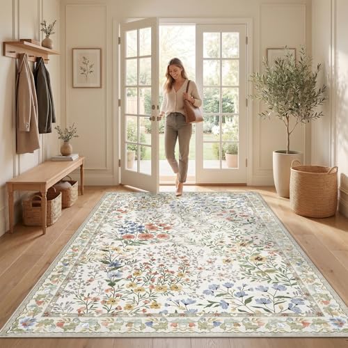 Washable Living Room Area Rug 5x7: Vintage Floral Accent Rug - Machine Washable Non Slip Low Pile Foldable Area Rug - Bedroom Dining Room Apartment Farmhouse Indoor Carpet - 5'x7' Beige - color: Beige, size: 5x7
