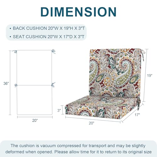 DYTXIII Outdoor Midback Chair Cushions Set of 2-20"x17" Water Repellent & Fade-Resistant Patio Seat Cushions with High-Resiliency Foam, Non-Slip Ties for Dining, Balcony Furniture-Paisley Chilli - color: Paisley Chilli