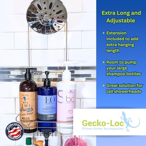 Gecko-Loc Extra-Long Adjustable Over-the-Showerhead Shower Caddy – Rustproof Stainless Steel Organizer with Suction Stabilizer, Deep Basket & Hooks – No-Drill, Tool-Free Installation (Silver) - color: Chrome