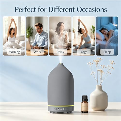 200ML Ceramic Essential Oil Diffuser for Home, Stone Diffuser | Ultrasonic Aromatherapy Diffuser & Air Humidifier for Bedroom, Office, Yoga, 7 LED Lights, Auto Shut-Off, 3 Timers, Grey - color: Grey