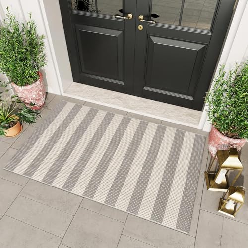 Indoor Outdoor Rugs 3'x5' Washable Area Rug Entryway Front Door Mat | Striped Front Porch Rug Outdoor Mats Cotton Small Indoor Carpet for Entry/Patio/Deck/Balcony/Bedroom/Living Room Gray/White - color: Gray/Tan/White, size: 3' x 5' (Rectangular)