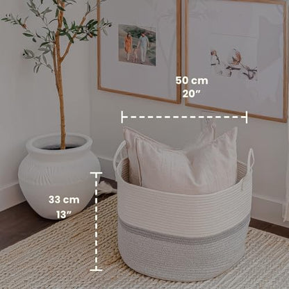 OrganiHaus Round Toy Basket & Blanket Basket, Cotton Rope 20x13" | Striped Gray - Round Cotton Rope Basket, 20x13" - color: Striped Gray, size: Wide