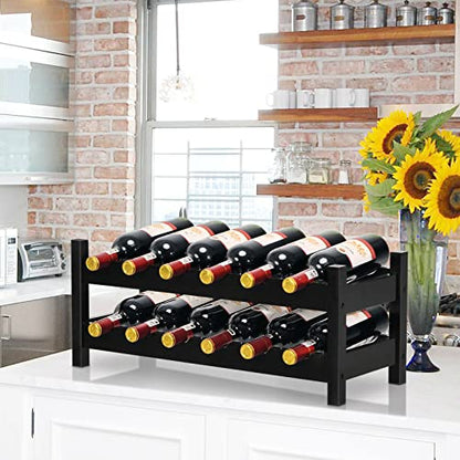HAPPYGRILL Wine Rack, Free Standing 12 Bottles 2-Tier Wine Display Rack, Bamboo Wine Storage Rack Tabletop Wine Rack, Brown - color: Brown