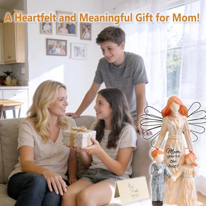 Mother and Child Figurines Gift, Wing Mum and Kids Statue,Hand-Painted Resin Mom and 2 Kids Figurines, Mother Daughter Son Sculpted Gifts for Mother’s Day, Anniversary, Birthday, Christmas - color: Mother's Winged Love