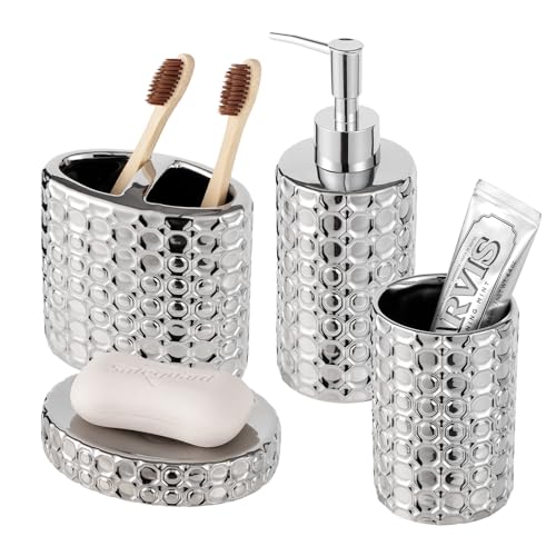 Silver Bathroom Accessories Set, 4 Piece Ceramic Honeycomb Design, Soap Dispenser Pump, Tumbler, Toothbrush Holder, Soap Dish - color: Silver