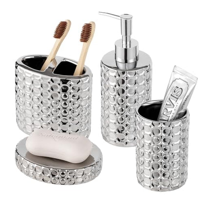 Silver Bathroom Accessories Set, 4 Piece Ceramic Honeycomb Design, Soap Dispenser Pump, Tumbler, Toothbrush Holder, Soap Dish - color: Silver