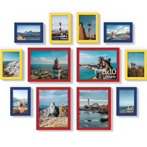 Vittanly 12 Pack Gallery Wall Frame Set, Red, Yellow, Blue | Gallery Wall Frame Set: 4pcs 8x10, 4pcs 5x7 & 4pcs 4x6 Photos for Wall & Table, Picture Frames made of Engineered Wood - color: Red & Yellow & Blue