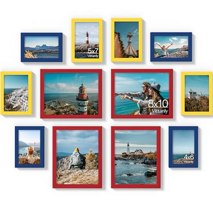 Vittanly 12 Pack Gallery Wall Frame Set, Red, Yellow, Blue | Gallery Wall Frame Set: 4pcs 8x10, 4pcs 5x7 & 4pcs 4x6 Photos for Wall & Table, Picture Frames made of Engineered Wood - color: Red & Yellow & Blue