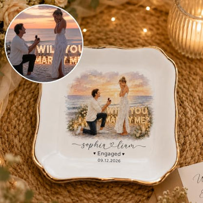 LullabyMall Luxury Custom Photo Watercolor Couple Portrait Ring Dish, Customized Engagement Ring Holder, Bride Jewelry Tray, Wedding Gifts for Bride 3 - color: Square