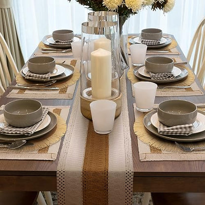 Xuhal 13 Pcs Boho Placemats and Table Runner Set Farmhouse Round/Rectangular Woven Placemats Cotton Macrame Table Runner 11.8 x 78.7 Inch Rustic Decor for Dining Kitchen Spring Tea Party - style: Stylish Style