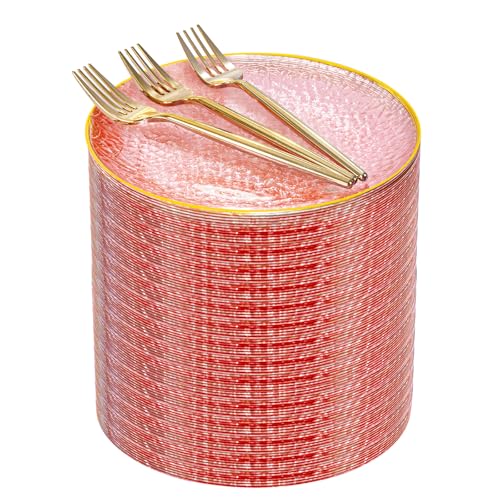Rubtlamp 200Pcs Pink Plastic Dessert Plates with Gold Rim, 6inch Fancy Plastic Plates Include 100 Hammered Appetizer Plates and 100 Disposable Gold Forks for Party Teatime Birthday - color: Pink gold