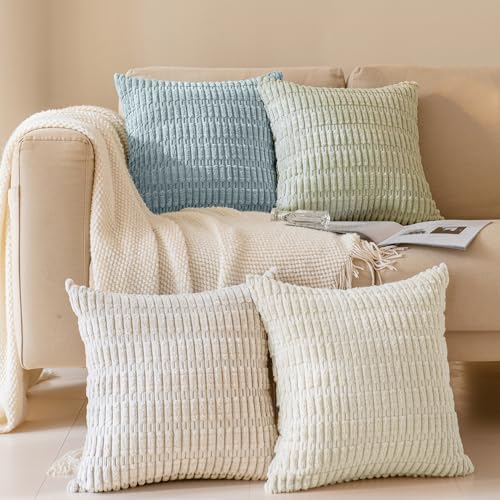 Softalker Throw Pillow Covers 18x18 Inch, Set of 4, Corduroy Soft Striped Farmhouse Boho Pillow Cover, Modern Decorative Cushion Pillow Case for Couch Sofa Bedroom Living Room, Light Blue - color: Light Blue, size: 18" x 18" (Pack of 4)