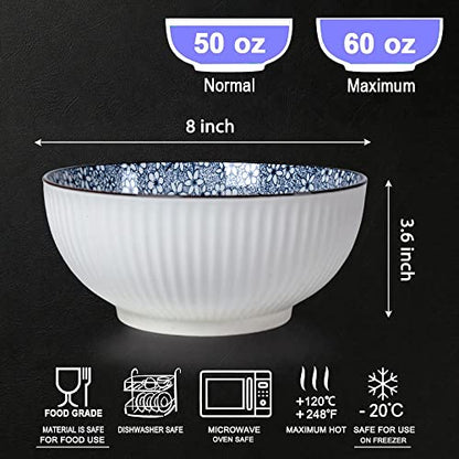 Houlu 60 oz Pho Bowls, Large Soup Bowl, Japanese Ramen Bowl Set, 8 inches Big Porcelain Bowls Set of 3, Wave Pattern - color: Floral Pattern