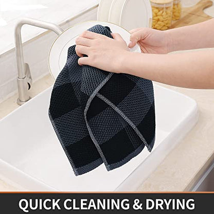 Homaxy 100% Cotton Plaid 8 Pack Kitchen Towels, 13" x 28", Black & Grey | Waffle Weave, Plaid, Super Soft and Absorbent Dish Towels, Quick Drying, Multi-Purpose - color: Black & Grey, size: 13 x 28 - 8 Pack