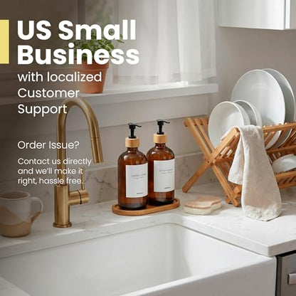 MaisoNovo Glass Dish Soap Dispenser for Kitchen Set of 2-16.9oz Amber Dish and Hand Soap Dispenser Set for Kitchen - Amber Glass Bottles x 2 with Black Bamboo Pumps & Tray - color: Amber Bottles/Black Bamboo Pumps