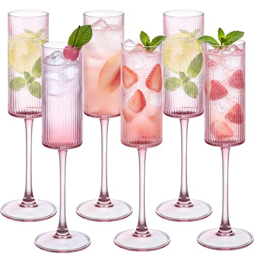 6Pieces Pink Crystal Wine Glasses 6OZ Goblet Ribbed Champagne Flutes Mimosa Bar Toasting Glass Champagne Long Stem Vintage Drinking Colored Glasses for Birthday, Wedding, Cocktail Cups - color: Pink, size: 6 PCS