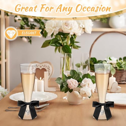Zopeal 100 Pcs Plastic Champagne Flute Glasses and Bow Set 4.5 oz Gold Glitter Wedding Toasting Goblet 50 Pcs 3.5" Bow Reusable Unbreakable Stemware for Valentine Birthday Party - color: Black, style: Classic