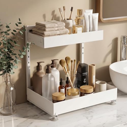 TATAANTY Under Sink Organizer, L-Shaped Metal 2-Tier Double Pull-Out Drawer for Kitchen & Bathroom Cabinets, Adjustable Height Storage - 50lbs Heavy Duty Waterproof 2PCS Height Adjustable - color: Cream White