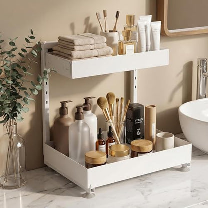TATAANTY Under Sink Organizer, L-Shaped Metal 2-Tier Double Pull-Out Drawer for Kitchen & Bathroom Cabinets, Adjustable Height Storage - 50lbs Heavy Duty Waterproof 2PCS Height Adjustable - color: Cream White