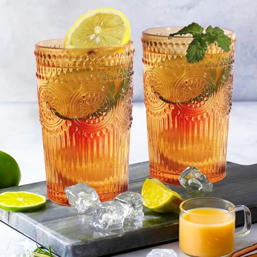Loivttvv 6pcs Vintage Drinking Glasses Set, 12 oz Amber Highball Glasses, Embossed Ribbed Glassware Cups for Thanksgiving Cocktail, Juice, Whiskey - color: Amber