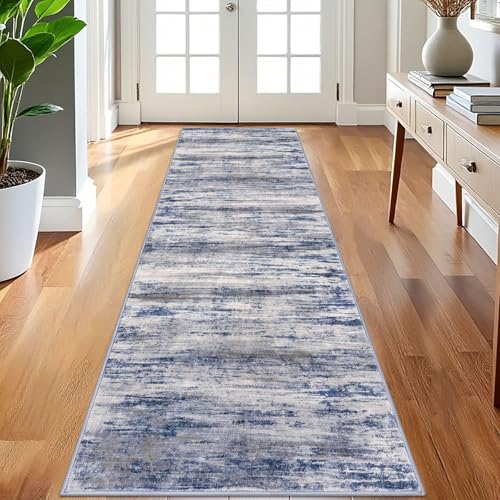 KOZYFLY 3x8 Ft Rug Modern Ombre Runner Rug for Hallway, Washable Kitchen Rugs Non-Slip Soft Striped Entryway Rug, Print Grey-Blue Abstract Carpet for Laundry Nursery - color: Blue-grey, size: 3' x 8' (Runner)