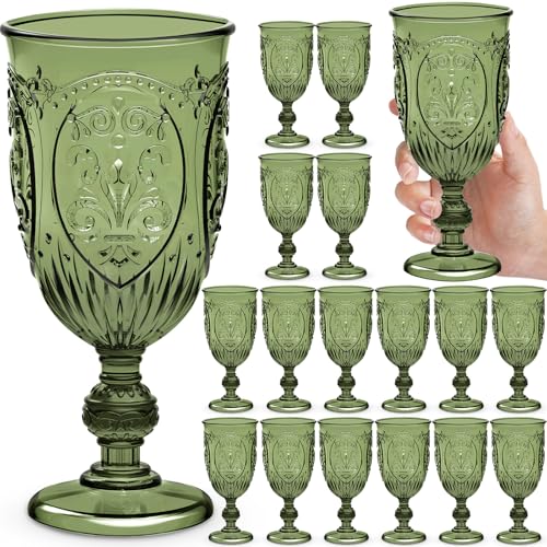 Wiwiqing 18 Pack Plastic Goblets 10oz Upgrade Vintage Water Goblet Plastic Wine Glasses Colored Retro Embossed Glassware for Party Wine Bar Juice Baby Shower Wedding Reception Grand (Olive Green) - color: Olive Green