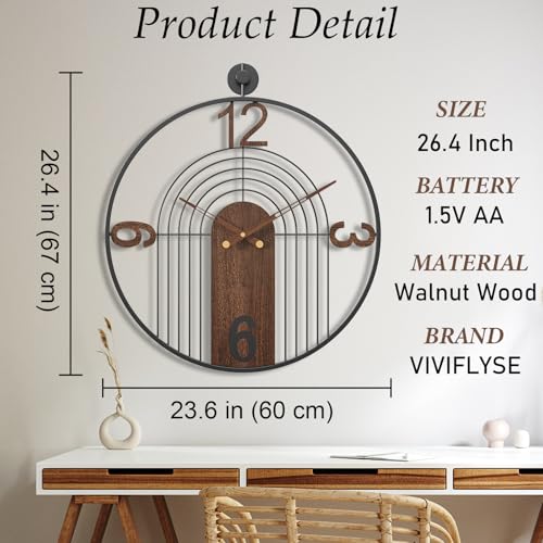 Large Modern Walnut Dial Wall Clock, Wood Metal Frame Silent Non Ticking Decoration Wall Clocks for Living Room, Bedroom, Kitchen, Study, Handmade Home Decor Gift Idea, 26.4 Inch - size: 2.X-L(26.4 in)