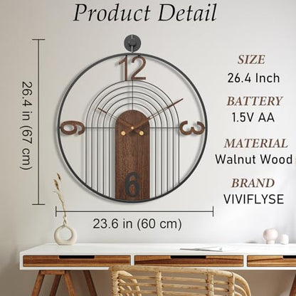 Large Modern Walnut Dial Wall Clock, Wood Metal Frame Silent Non Ticking Decoration Wall Clocks for Living Room, Bedroom, Kitchen, Study, Handmade Home Decor Gift Idea, 26.4 Inch - size: 2.X-L(26.4 in)