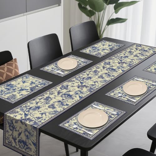 WADORN Navy Blue Bird Flower Table Runner and Placemats Set of 6, Rustic Chinoiserie Sketch Floral Washable Kitchen Dinning Table Decoration Seasonal Spring Summer Dining Settings for Home Kitchen - size: Navy Blue Bird Flower