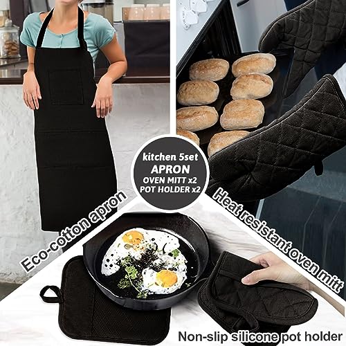 Oven Mitts and Pot Holders with Cooking Apron Set of 5, Heat Resistant Kitchen Gloves and Silicone Non-Slip Potholders, Adjustable Neck Buckle Chef Apron, Cotton Nice Design for Cooking (Black)… - color: Black